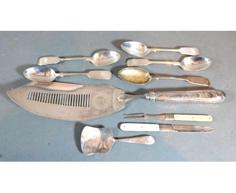 A George III Silver Fish Slice London 1815 together with a Georgian Silver and Mother of Pearl handled knife and fork, a Geor