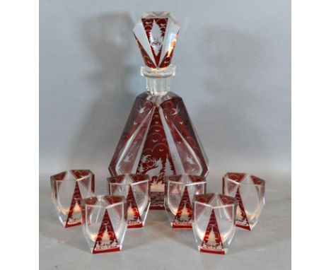 A Bohemian Ruby and Clear Glass Drinking Set comprising Decanter with stopper and six small Glasses 