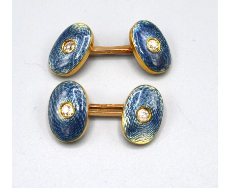 A Pair of Russian 56 Mark Gold Cufflinks each inset a diamond within enamel, 11.67 gms
