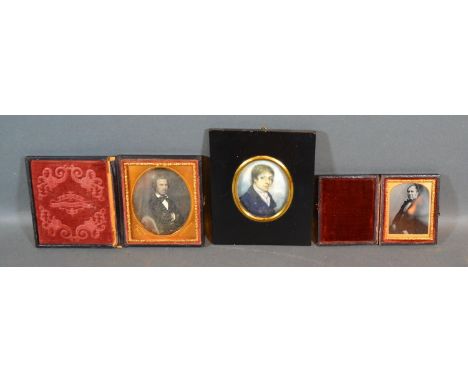 A Regency Oval Portrait Miniature of Thomas Morgan, 6 x 5 cms together with two daguerreotype 