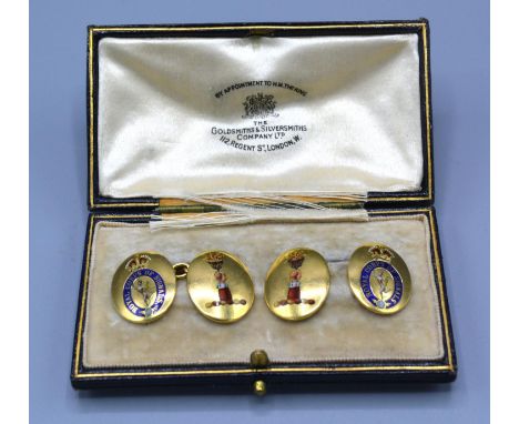 A Pair of Yellow Metal Enamel Decorated Cufflinks inscribed Royal Corps of Signals within original box inscribed the Goldsmit