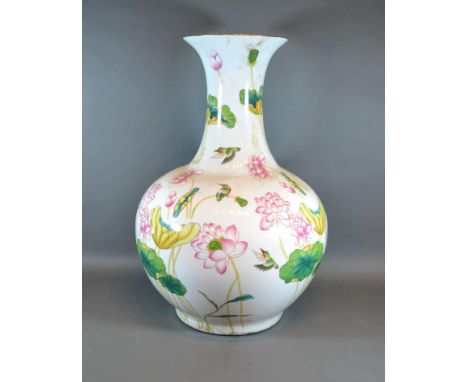 A Chinese Bottleneck Large Vase decorated with Exotic Birds amongst Foliage, red seal mark to base, 54 cms tall 