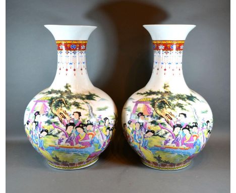 A Pair of Chinese Large Bottleneck Vases decorated in polychrome enamels with figures amongst landscapes and script, red seal