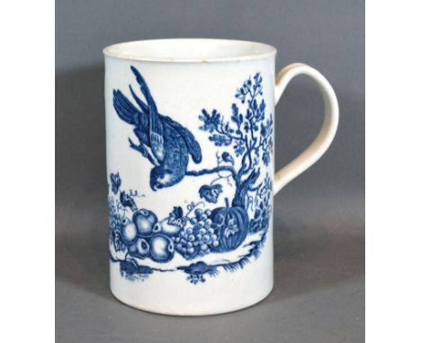A First Period Worcester Large Mug decorated in underglaze blue with birds and insects amongst fruit and foliage, 15 cms tall