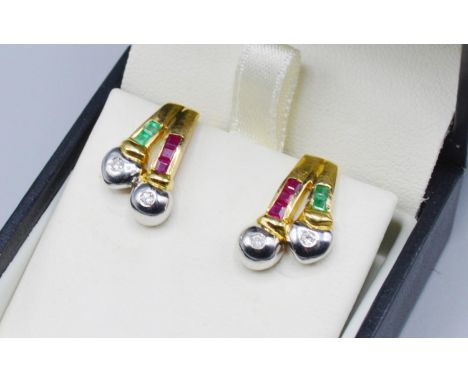 A Pair Of 18ct Gold Diamond, Ruby And Emerald Set Ear Studs, 4.9 grams 