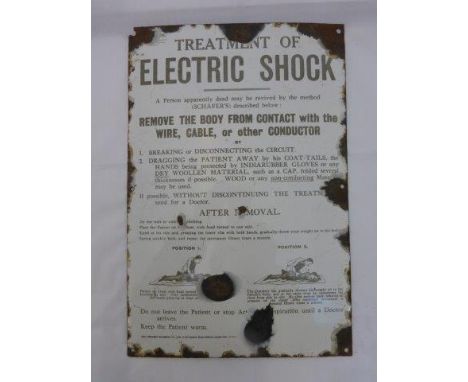 An unusual enamel sign - 'Treatment of Electric Shock', 10 x 15".