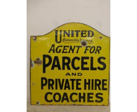 A United Automobile Services Ltd. agency sign for 'Parcels and Private Hire Coaches' double sided enamel sign, 17 x 18".
