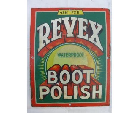 A rare Revex Waterproof Boot Polish enamel sign with restorations, 9 1/2 x 12".