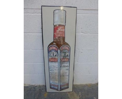 A rare HP Sauce enamel sign depicting a full length bottle, with restorations, 16 x 49".