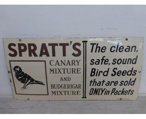 A Spratt's 'Canary Mixture and Budgerigar Mixture' part pictorial enamel sign in near mint condition, 24 x 12".
