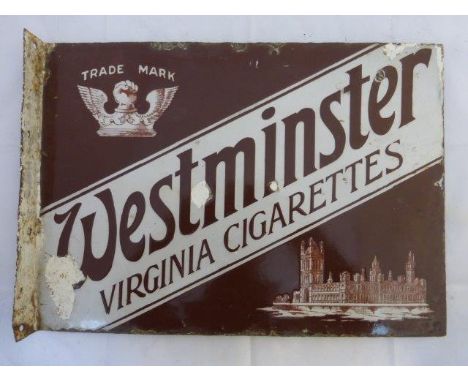 A Westminster Virginia Cigarettes part pictorial double sided enamel sign with hanging flange, 20 1/4 x 15".