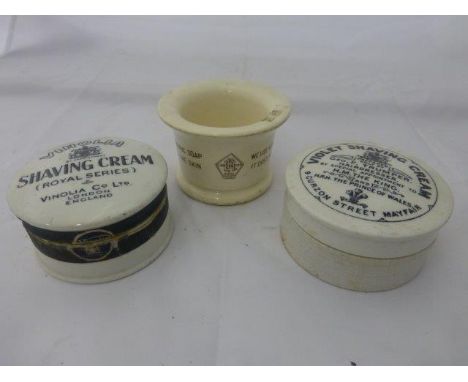 Two ceramic lidded shaving cream pots and a flared shaving soap pottery bowl. 