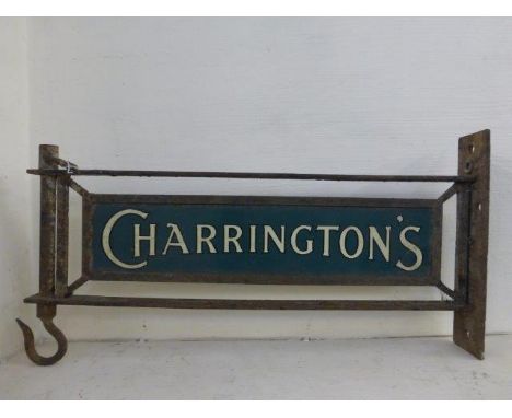 A Charrington's double sided enamel sign in excellent condition set within original wrought iron frame, 28 x 13 1/2" overall.