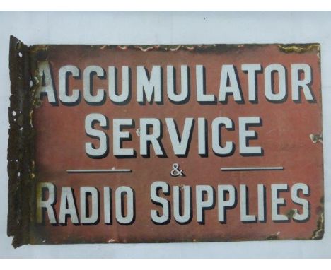 An Accumulator Service & Radio Supplies double sided enamel sign with hanging flange, 18 x 12".