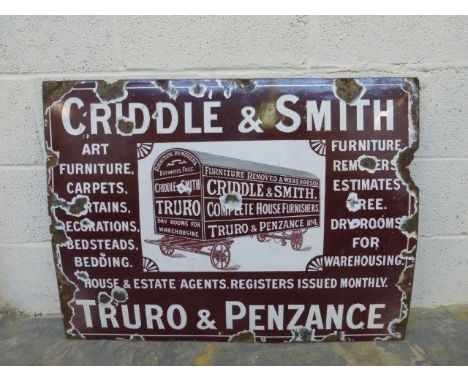 A Criddle & Smith of Truro and Penzance pictorial enamel sign featuring a central carriage, 36 x 27". 
