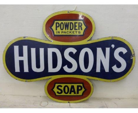 A rare Hudson's Soap 'Powder in Packets' shaped enamel sign, 35 x 25".