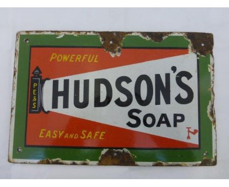 A small Hudson's Soap rectangular enamel sign by Stainton & Hulme, 13 x 8 1/2".