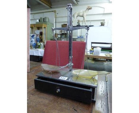 A set of W & T. Avery Ltd. of Birmingham chemist scales with drawer.