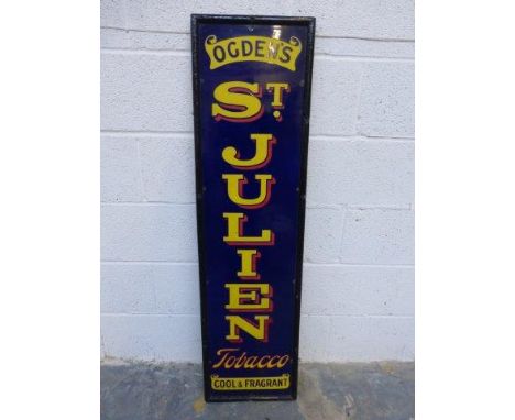 An Ogden's St. Julien Tobacco narrow enamel sign 'Cool & Fragrant', set within a wooden frame, in excellent condition, 13 x 4