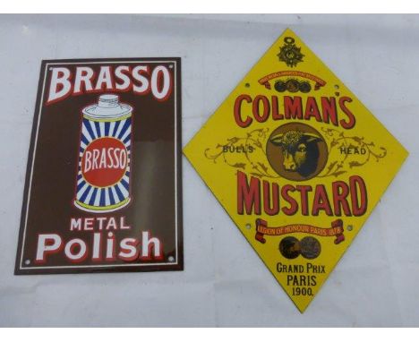 A reproduction Brasso Metal Polish enamel advertising sign and a lozenge shaped example for Colman's Mustard.