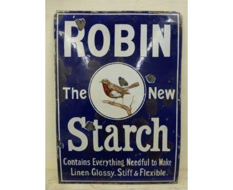 A Robin Starch pictorial enamel sign with central robin image and the wording 'Contains Everything Needful to Make Linen Glos