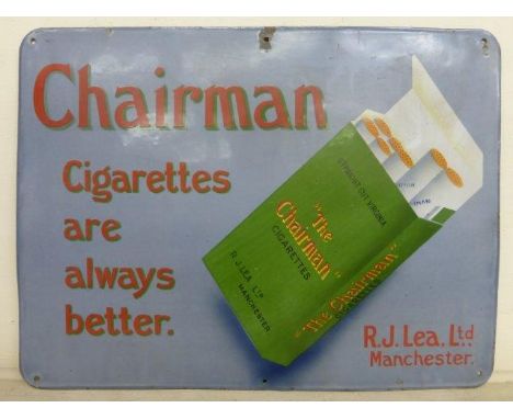 A Chairman Cigarettes pictorial packet enamel sign, bearing the name R.J. Lea Ltd., Manchester, 24 x 18".