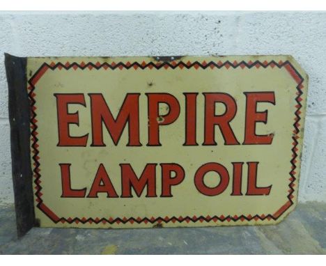An Empire Lamp Oil double sided enamel sign with hanging flange, in good condition, 24 x 15".