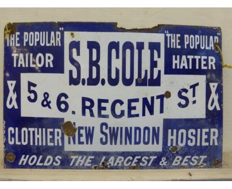 A S.B. Cole 5 & 6 Regent St. Swindon, 'The Popular Tailor, Clothier, Hatter and Hosier' enamel sign, 36 1/4 x 24".