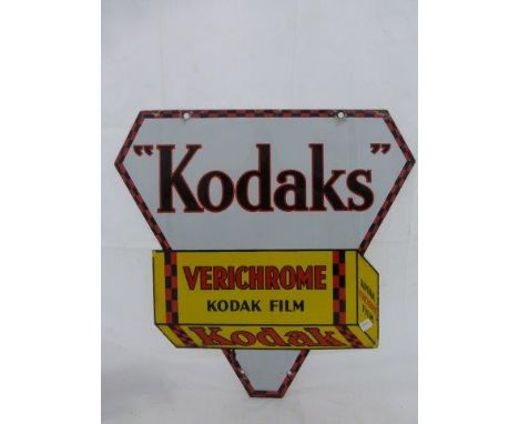 A Kodak 'Kodaks' Verichrome film shaped double sided hanging enamel sign in excellent condition, 17 3/4 x 17".