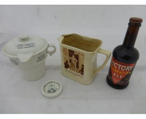 A Wade Bell's Scotch Whisky water jug, a Sam Clarke's Patent Pyramid lidded food warmer, a Clarke's Patent Pyramid nightlight