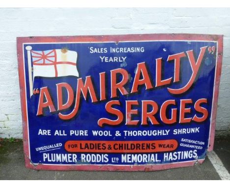 An early 'Admiralty' Serges for ladies or children's wear enamel sign, 72 1/2 x 48 1/2".