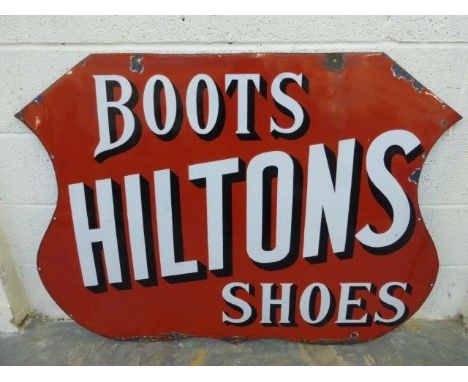 A Hiltons Boots and Shoes shaped enamel sign, 48 x 36".