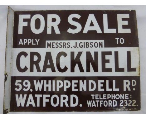 A For Sale with Cracknell of Watford double sided enamel sign with hanging flange, 20 x 16".
