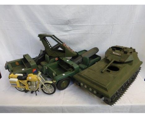 An assortment of Action Man clothing, military transport etc.  