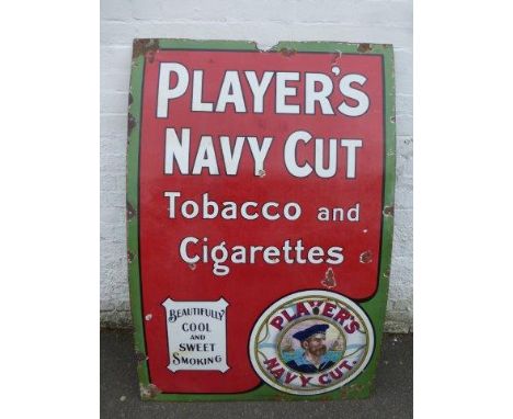 A Player's Navy Cut Tobacco and Cigarettes part pictorial enamel sign with sailor image to lower right, by Patent Enamel, 40 