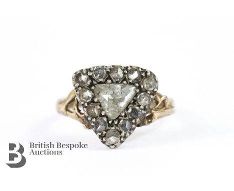 14/15ct and silver Georgian era diamond ring, set with a triangular diamond approx 5 x 6mm and surrounded by 2 pts of rose-cu