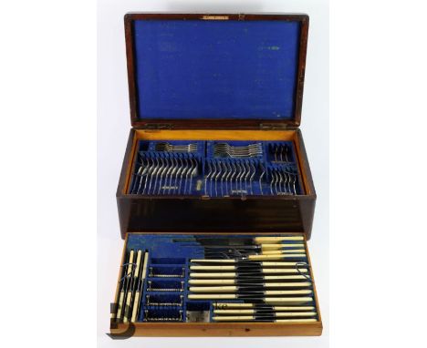 Early 20th century canteen of good quality silver-plated cutlery, comprising three layers, the top layer has game carvers, tw