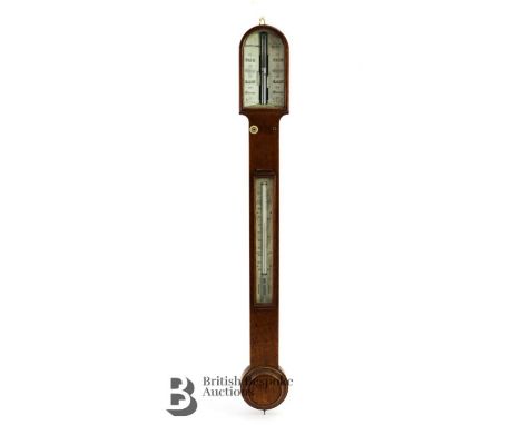 Circa 1850 Elliott &amp; Son stick barometer, golden oak, arched register scale with ivory knop (one missing), approx 100 cms