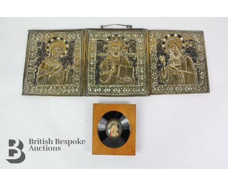 Brass and blue enamel triptych, three central figures surrounded by a foliate border, approx 15 x 17 cms together with an ova