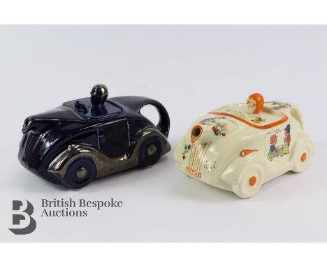 Sadler's ceramic motor racing tea pot, designed by Mabel Attwell, painted with nursery scenes numberplate OKT42 together with