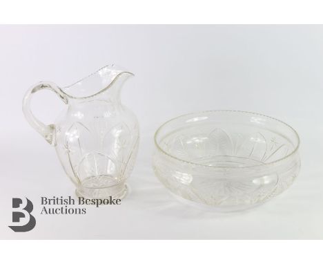 Large Edwardian cut-glass wash basin and pitcher, approx 36 diameter x 14h cms and the pitcher approx 33 cms h. This lot incl