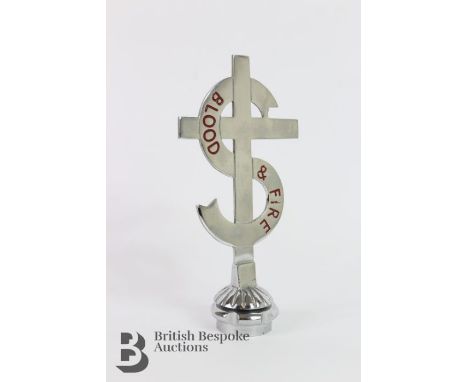 Rare Salvation Army staff car radiator mascot, featuring the Salvation Army 'Blood and Fire' logo on the S entwined cross dat