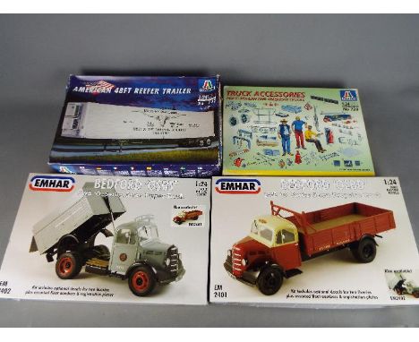 Emher, Italeri - Four boxed plastic model kits in 1:24 scale. Lot includes Emher EM2402 Bedford OSBT Tipper Truck; Emher Bedf