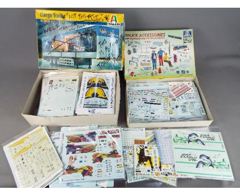 Italeri, Super Scale International, Revell, Others - Two model boxes containing a large quantity of decals for a variety of m