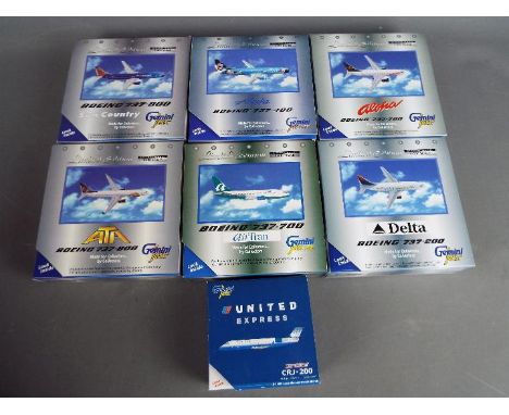 Gemini Jets - Seven boxed diecast 1:400 scale model aircraft by Gemini Jets, in various liveries. Lot includes Canadair CRJ-2