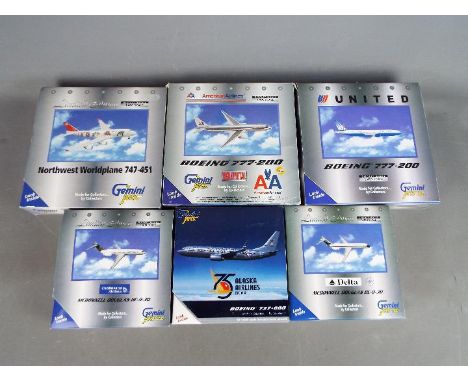 Gemini Jets - Six boxed diecast 1:400 scale model aircraft by Gemini Jets, in various liveries. Lot includes McDonnell Dougla