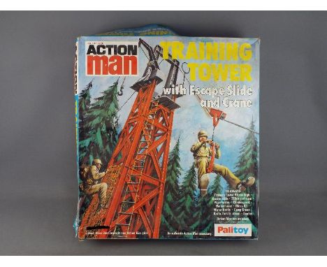 Palitoy, Action Man - A boxed Palitoy Action Man Training Tower with Escape Slide and Crane. The playset has signs of use and