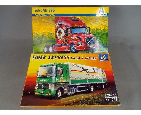 Italeri - Two boxed plastic model truck kits in 1:24 scale. Lot consists of Italeri #3827 Volvo VN 670; and #748 Tiger Expres