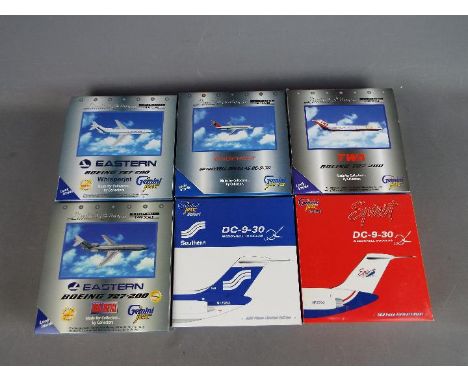 Gemini Jets - Six boxed diecast 1:400 scale model aircraft by Gemini Jets, in various liveries. Lot includes Boeing 727-200 '