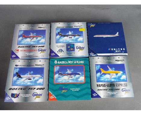 Gemini Jets - Six boxed diecast 1:400 scale model aircraft by Gemini Jets, in various liveries. Lot includes DC-8-71 'United'